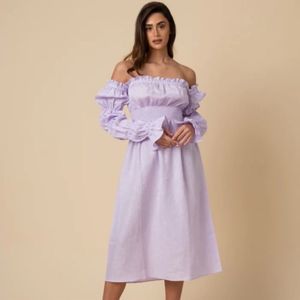 New Sleeper Lavender Linen Off the Shoulder Michelin Midi Dress - XL